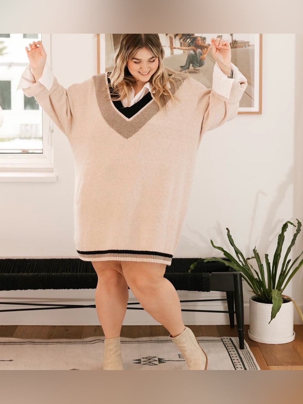 NWT Smash + Tess Wren V-Neck Sweater Dress / Oversized Sweater in Birch Combo